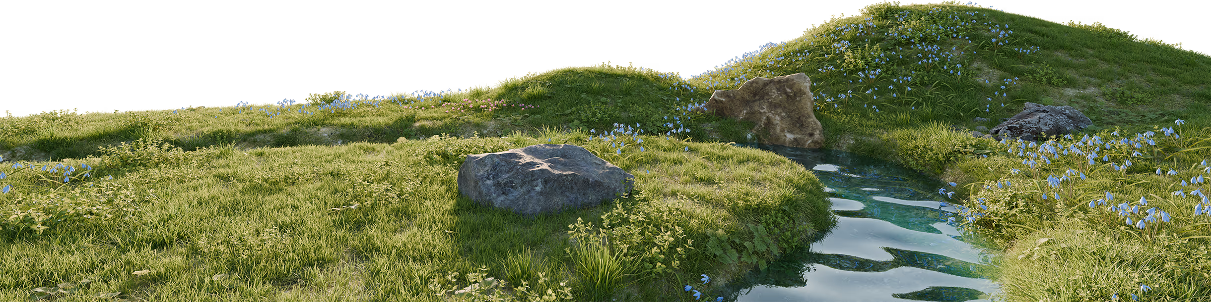 Strumień przepływający przez zielone wzgórze z trawą, kwiatami i kilkoma skałami.